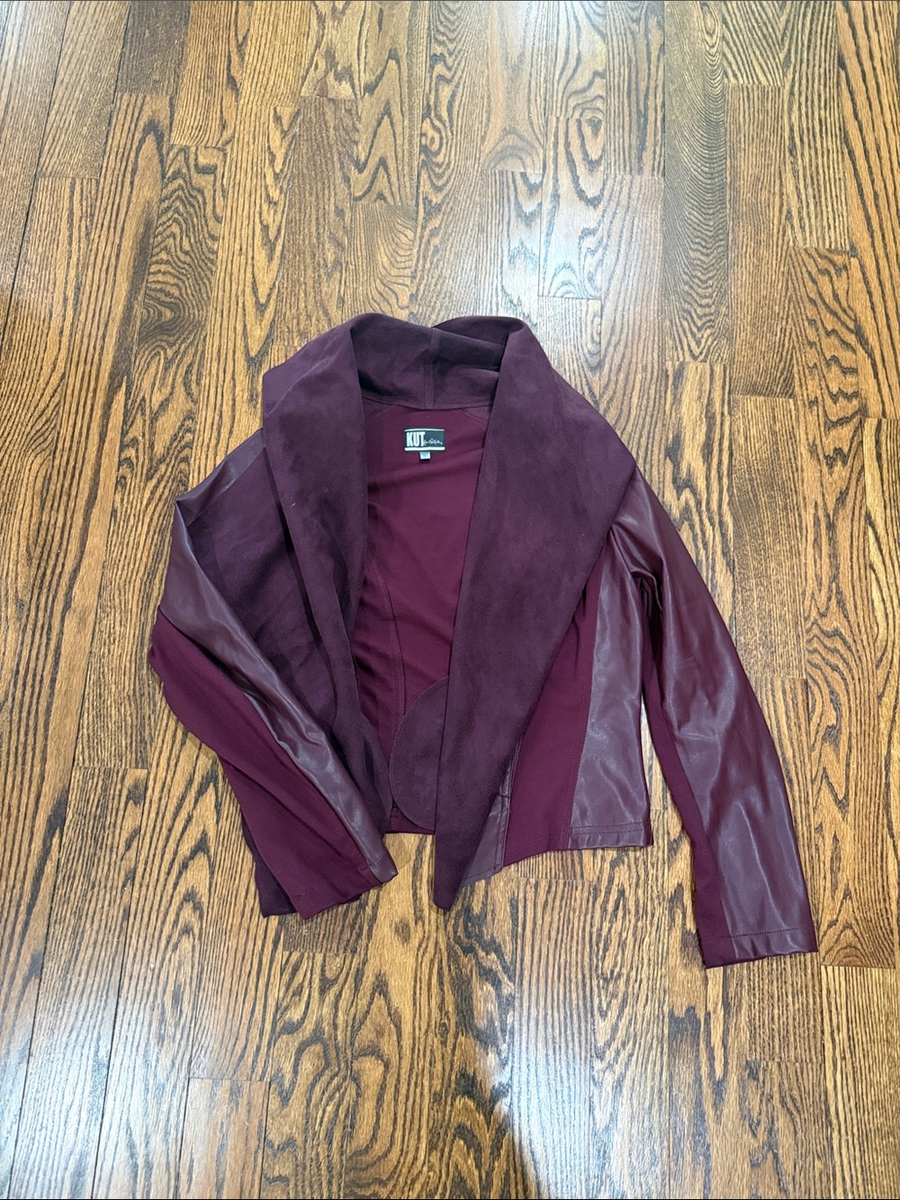 Kut from the Kloth burgundy/wins Draped Faux Leather Open-Front Jacket